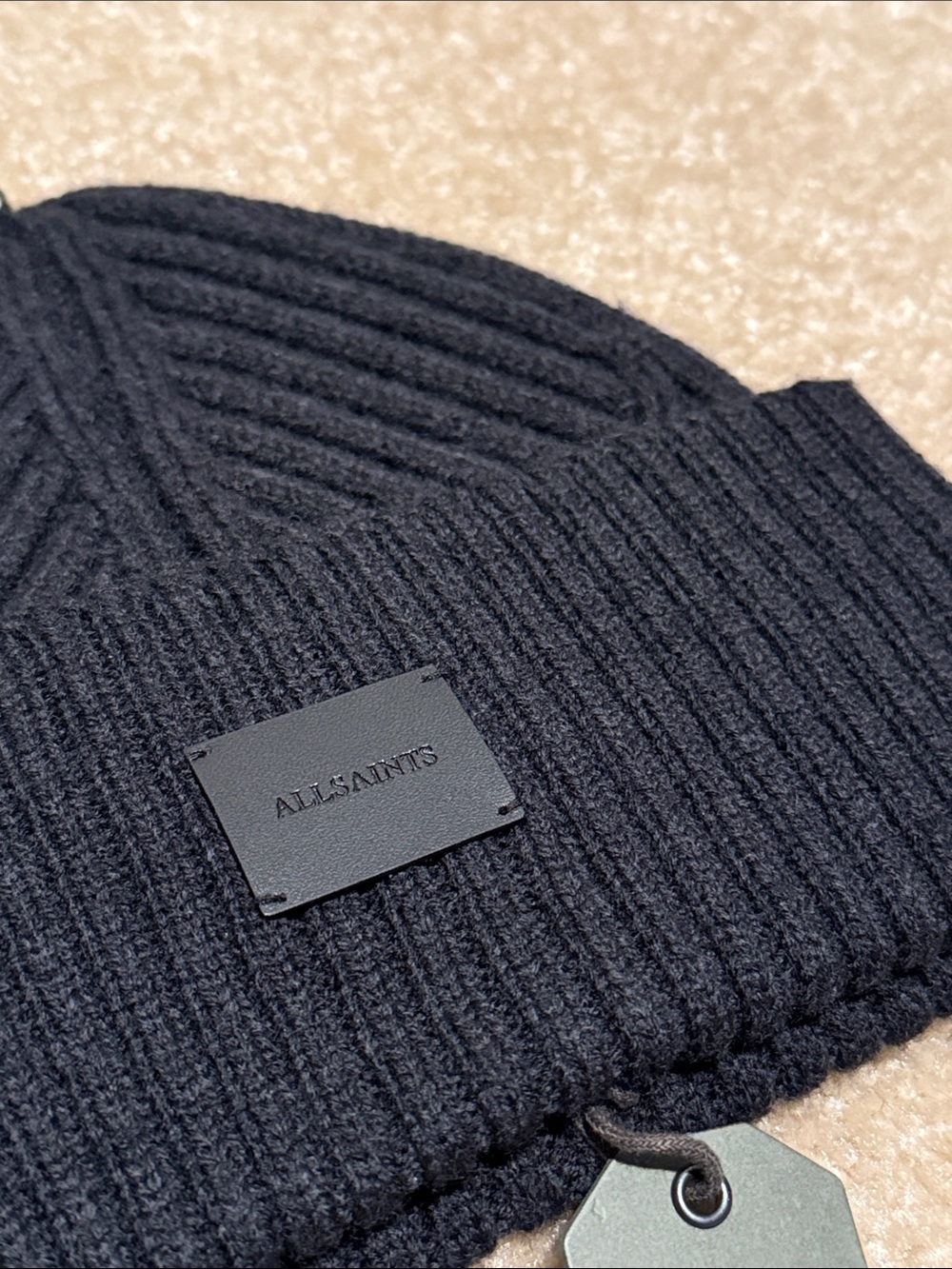 All Saints Black Ribbed Fold-Over Beanie - Picture 3 of 4